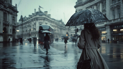 A woman hold a umbrella rain season in London city. Dark tone photography.