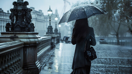 A woman hold a umbrella rain season in London city. Dark tone photography.