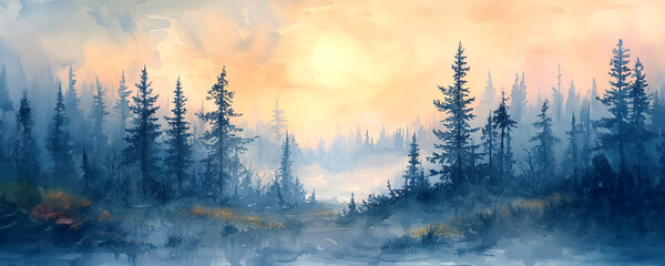 Watercolor painting of misty forests under a glowing sunrise, naturally beautiful landscape
