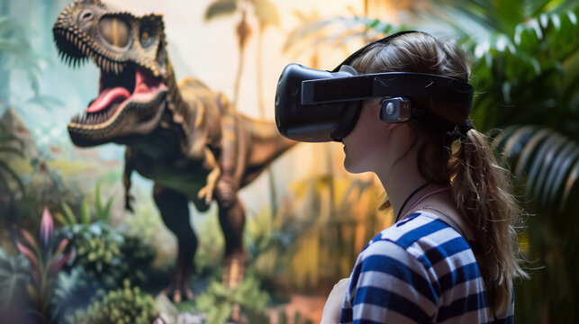A young female wear a VR goggle glasses in a dinosaur museum.