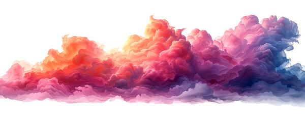 Watercolor painting of colorful cloudscape illuminated with hues of pink, isolated on a transparent background - obrazy, fototapety, plakaty