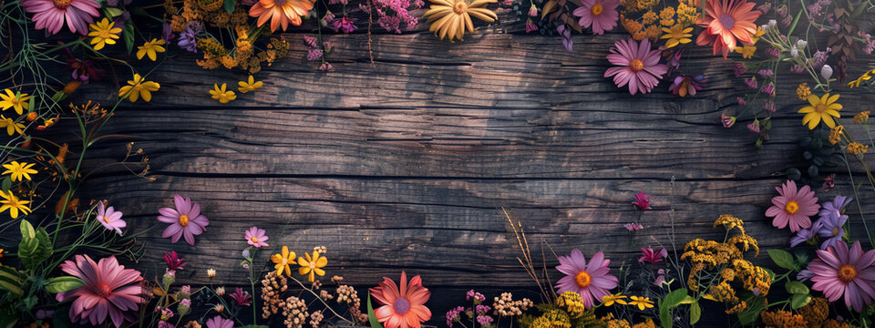 Wooden Frame background with colorful floral flower. Copyspace for text or edit.