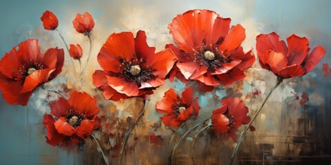 Red Flowers on Blue Background Painting Generative AI