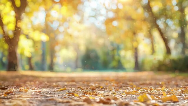 blurred background of autumn park.  falling leaves in an autumn park. seamless looping overlay 4k virtual video animation background 