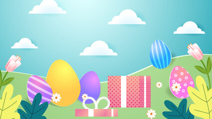 Colorful colourful vector elegant and luxury happy easter for background with egg and flower element