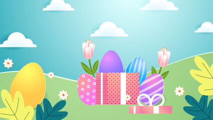 Colorful colourful vector happy easter day in paper style with egg and flower