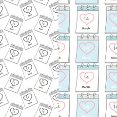 Calendar pages seamless pattern of White and Black Day date 14 March and 14 April. Set of 2. Isolate