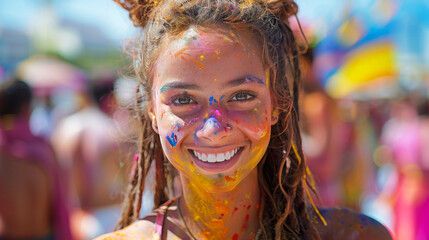 Young Woman Celebrating Holi Festival with Colors and Smiles