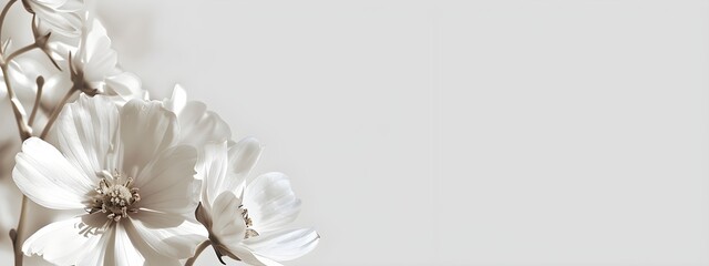 A minimal banner with white flower on white background. Copyspace for text or edit.