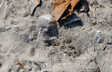 A crab cleaning up removing sand from hole home on beach surrounded by plastic pollution washed ashore on beach from ocean on remote tropical island destination 