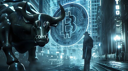 A Bull market Investment chance Bitcoin cryptocurrency illustration. - obrazy, fototapety, plakaty