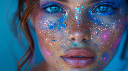 Colorful Beauty: A Stunning Woman with a Rainbow of Powder on Her Face, Close-Up