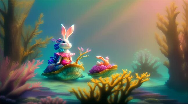 Underwater cartoon scene with fish and Easter bunny with colorful eggs. Delightful holiday scene with cute rabbit and aquatic animals, undersea coral, suitable for holiday decoration or as a gift.