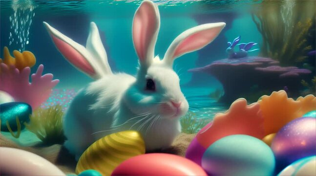 Underwater cartoon scene with fish and Easter bunny with colorful eggs. Delightful holiday scene with cute rabbit and aquatic animals, undersea coral, suitable for holiday decoration or as a gift.