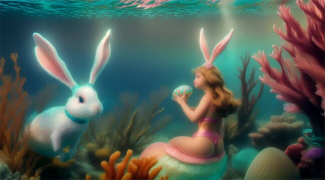 Underwater Cartoon Scene with Fish and Rabbit in Aquarium and young girl wearing bunny ears.