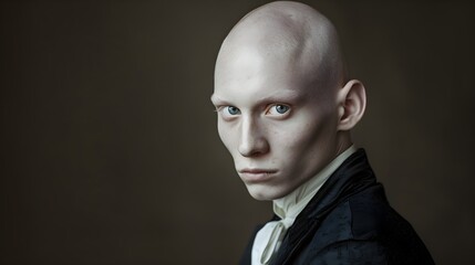 Fototapeta premium A Portrait of a handsome man no hair with a serious expression emotional in dark studio background.