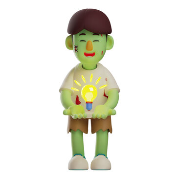 3D illustration. Zombie 3D character with a light bulb. slightly bent body. with a cute smile. 3D Cartoon Character