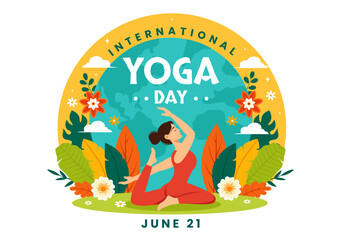 International Yoga Day Vector Illustration on June 21 with Woman Doing Body Posture Practice or Meditation in Healthcare Flat Cartoon Background