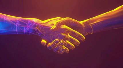 Two Wire Frame Glowing Hands. Deal, Handshake, Business, Technology, Trust, Agreement, Success
 - obrazy, fototapety, plakaty