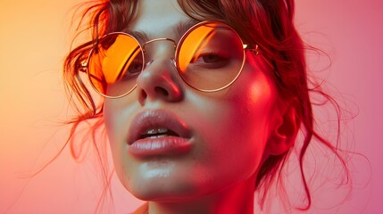 A Stylish woman with sunglasses and red hair in a close-up portrait exuding glamour and summer vibes