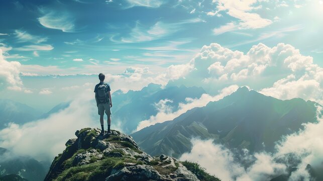 A hiker stands a top of mountain peak, gazing at a breathtaking landscape of rolling hills, fluffy clouds, and a clear blue sky.