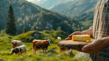 Close up of a mans hand holding cheese slice in a wooden surface with a cow farm in backdrop, Generative AI.