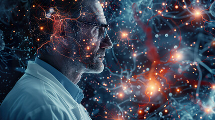 A creative conceptual image featuring a male doctor with a visualization of neural activity. 