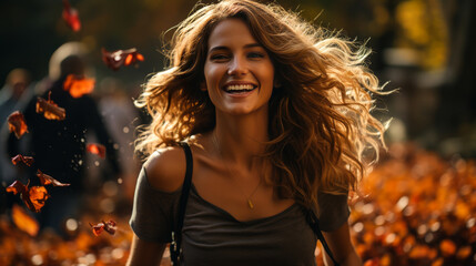 Happy Woman Walking in Park with Colorful Leaves Swirling Around Her in Sunny Autumn Weather