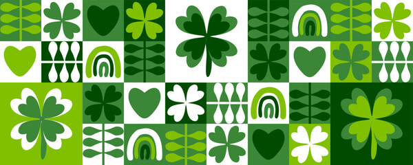 Saint Patricks Day horizontal banner with four leaf clover plants, rainbows and hearts. Geometric print for card, cup, mug, banner. Hand drawn vector illustration. - obrazy, fototapety, plakaty