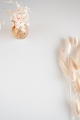 Vintage style of pastel natural colored, beige, and pink foxtail and dried flower in a vase against a white wooden backdrop with space for text. Spring and Autumn inspiration