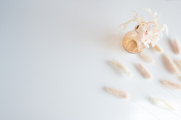 Vintage style of pastel natural colored, beige, and pink foxtail and dried flower in a vase against a white wooden backdrop with space for text. Spring and Autumn inspiration