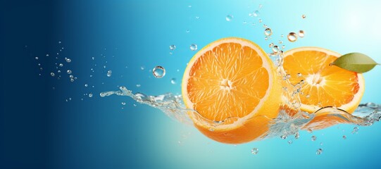 Piece of falling juicy orange fruit with splashes of water or juice and drops on blue background.