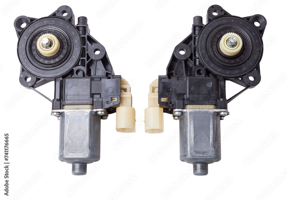 Canvas Prints two Electric window mechanism motor for a car on a white isolated background. Automotive spare parts catalog.