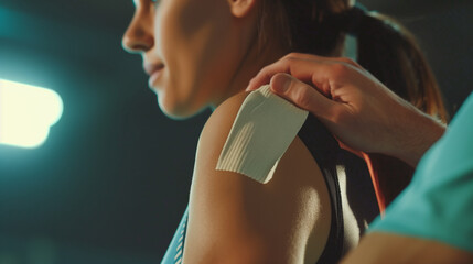 Athlete Applying Kinesiology Tape for Muscle Support During Training. - obrazy, fototapety, plakaty