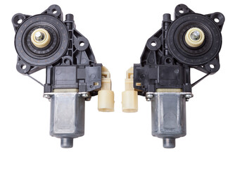 two Electric window mechanism motor for a car on a white isolated background. Automotive spare...