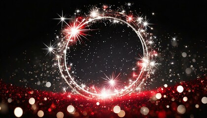 stars, magic stars glow Bwhite glitter circle of light shine sparkles and red spark particles in circle frame on black stars glow, firework confetti of glittery ring shimmer, wallpaper 