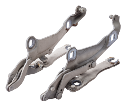 Pair of hinges for attaching the hood or trunk of the car on a white isolated background. Auto parts for catalog and repair of vehicles.