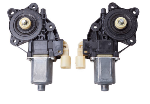 two Electric window mechanism motor for a car on a white isolated background. Automotive spare parts catalog.
