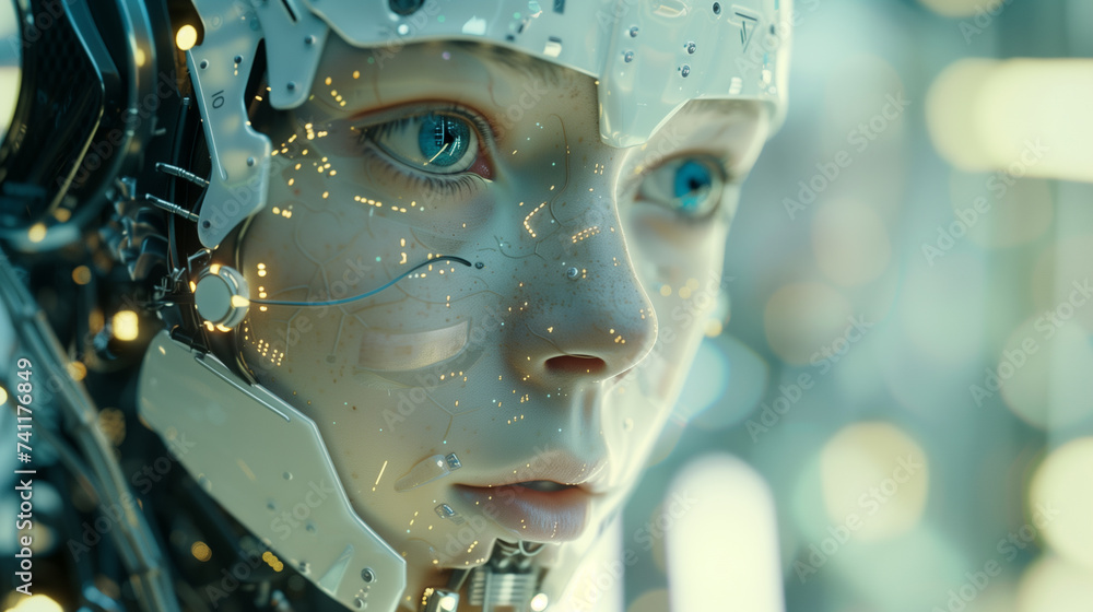 Poster modern ai humanoid robot, advanced futuristic artificial intelligence robot, future of ai tech, robo