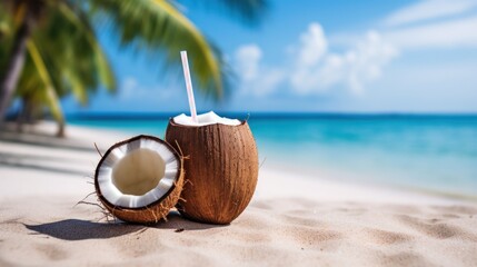 Coconut cocktail on the paradise beach - obrazy, fototapety, plakaty