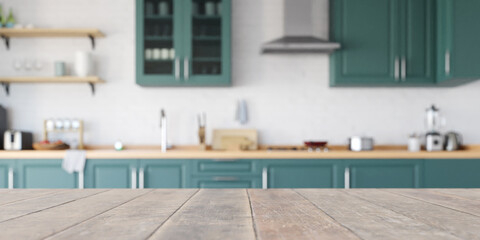 Green kitchen interior background with focus on wooden table in kitchen and blurred background. 3d...