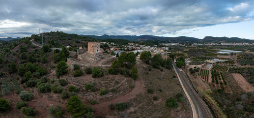 Fototapeta na wymiar Panoramic view of Torres Torres medieval small town with castle in Spain