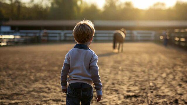 Little boy standing on the ranch and looking at a horse in the background