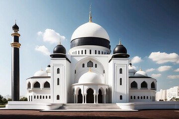 Fototapeta na wymiar A white and black mosque with a white dome background Ai generative.