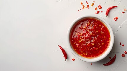 High perceive of a tiny white bowl with red chili sauce on a white setting and space, Generative AI. - obrazy, fototapety, plakaty