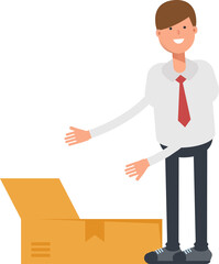 Obraz premium Businessman Character Opening Box 