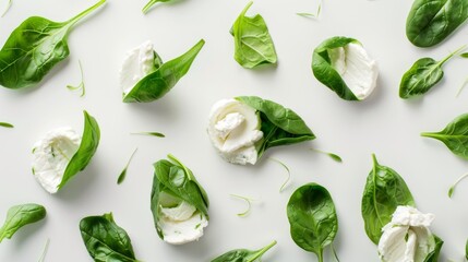 Fresh spinach leaves paired with soft mozzarella cheese pieces artfully arranged on a clean white surface, symbolizing healthy eating.