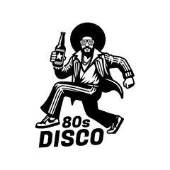Dancing man in 80s outfit holding beer bottle silhouette logo vector illustration.