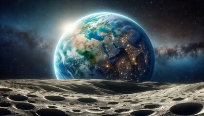Naklejka premium Stunning View of Earth from the Moon's Surface with Sunlight Illuminating the Planet