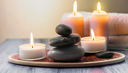 Obraz na płótnie Canvas Zen stones and aromatic candles on table, Zen concept. image; spa home relax scene